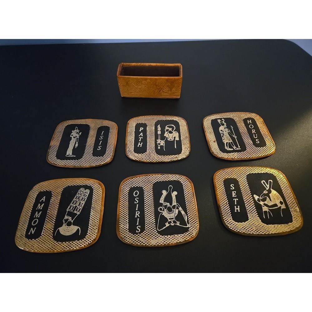 Vintage Egyptian Coasters Set of 6 Golden Leather with‎ Embossed Holder Bareware